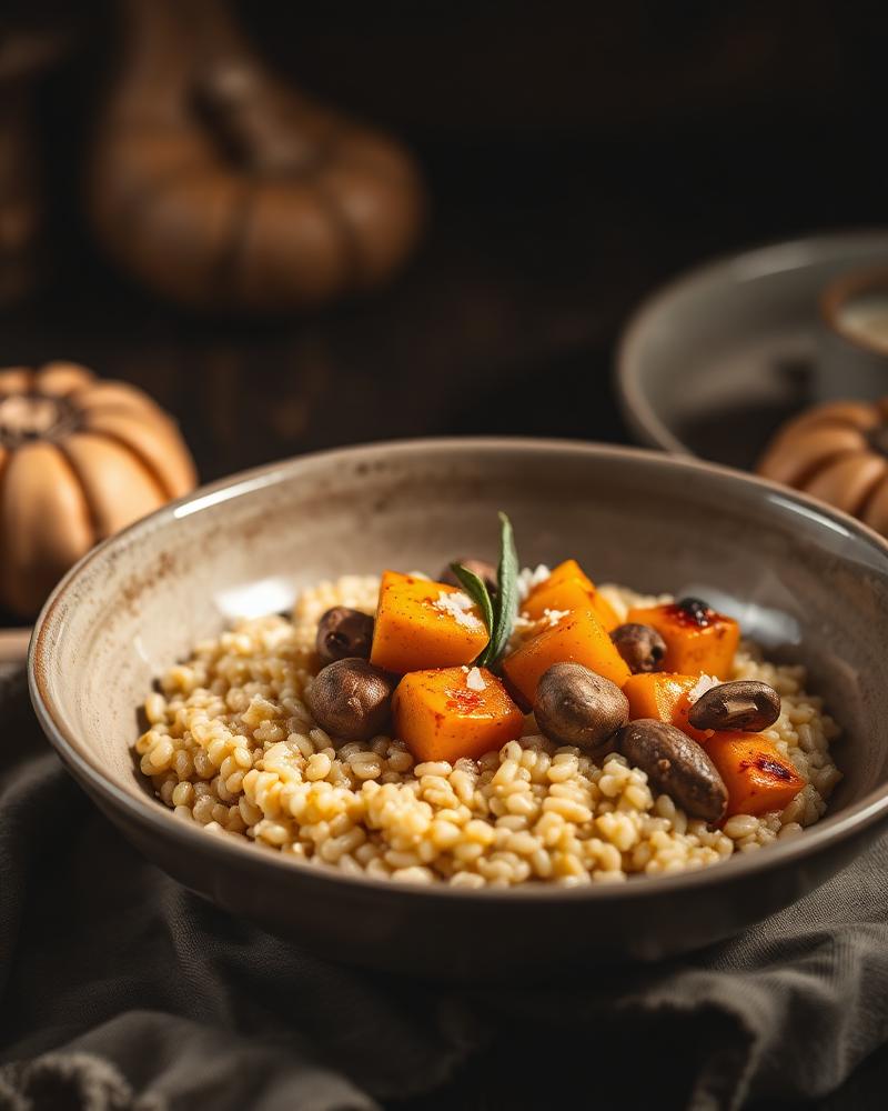 Risotto von Fregola mit frischen Pfifferlingen und Hokkaido-Kürbis