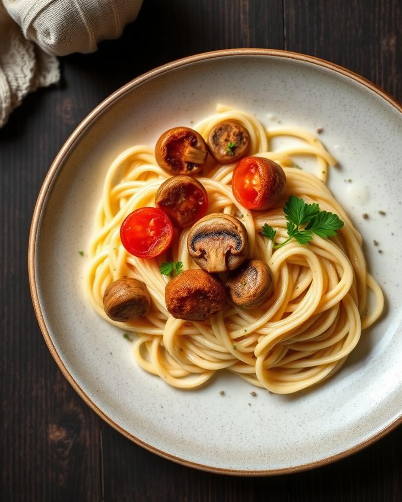 Kräuterspätzle mit gebratenen Champignons und Cocktailtomaten
